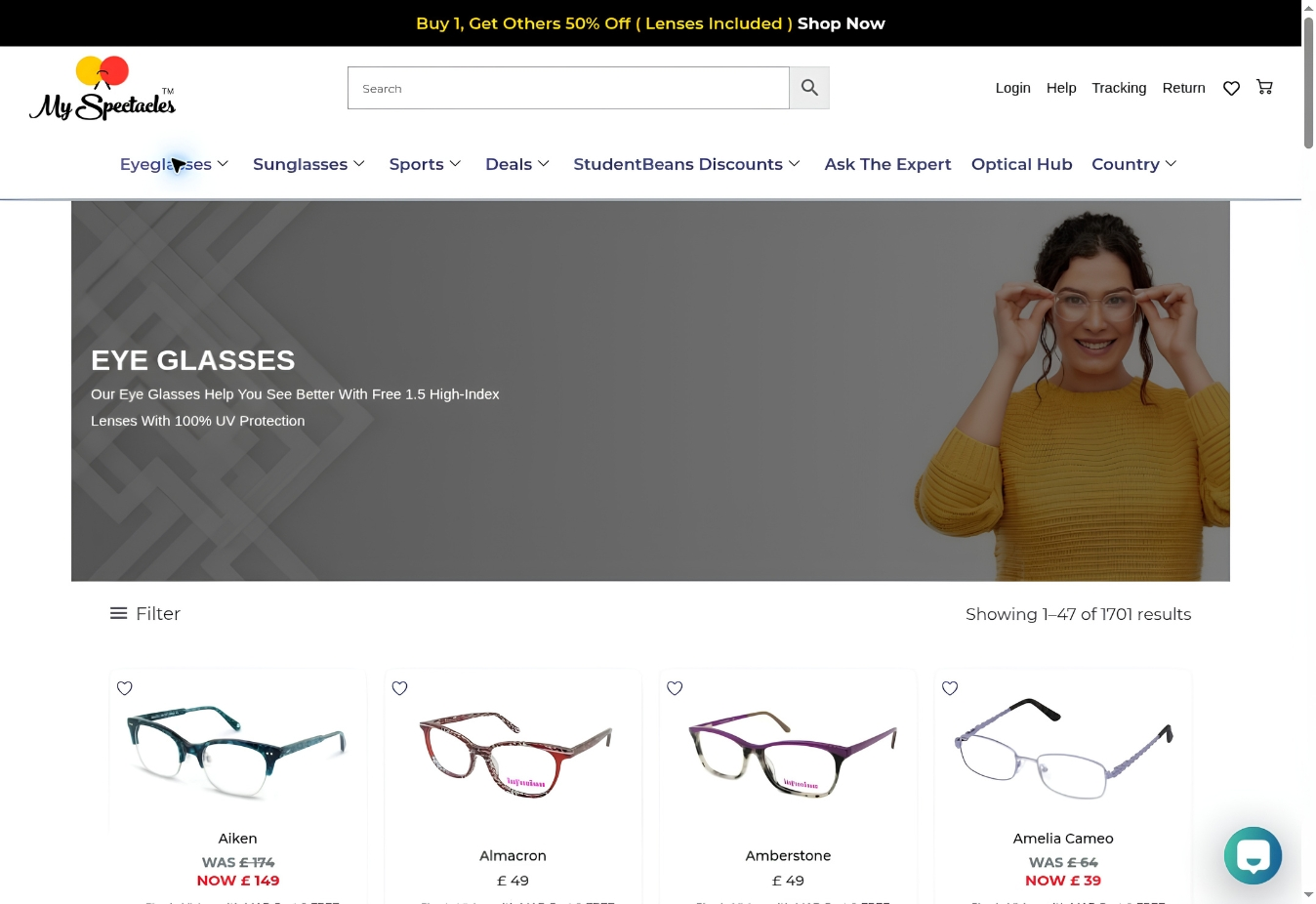 MySpectacles eyeglasses collection page displaying frames, prices and a product filter