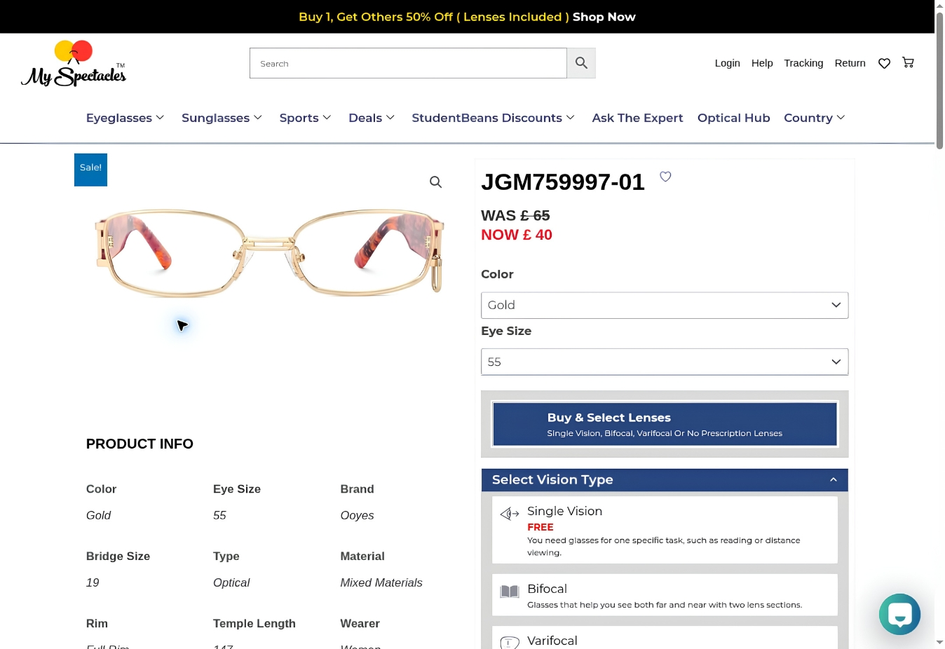 MySpectacles JGM759997-01 gold prescription glasses with product details and lens options